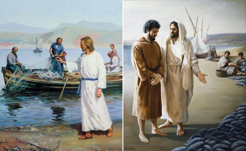 À gauche : « L’appel des pêcheurs (Le Christ appelant Pierre et André) » par Harry Anderson. À droite : « M’aimes-tu plus que ne font ceux-ci ? » par David Lindsley.