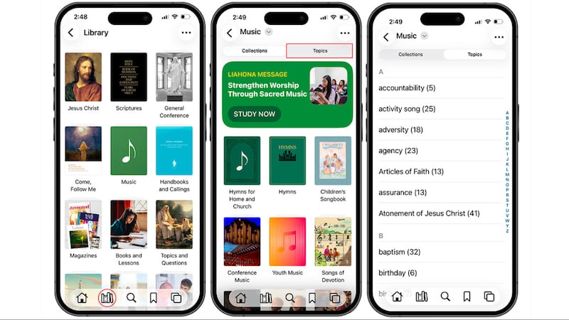 Une image de la barre de recherche par sujet dans la section Musique de l'application Médiathèque de l'Évangile.