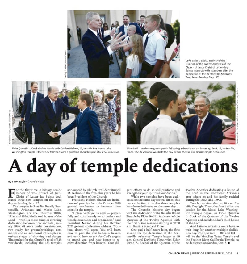 Une page du Church News d'une édition de 2023 rapporte les dédicaces historiques le même jour de 3 temples.