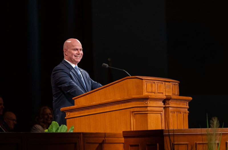 Alvin F. Meredith III, president de l'Universite Brigham Young-Idaho, s'exprime lors d'une devotionnelle sur le campus le mardi 21 avril 2026 a Rexburg, en Idaho.