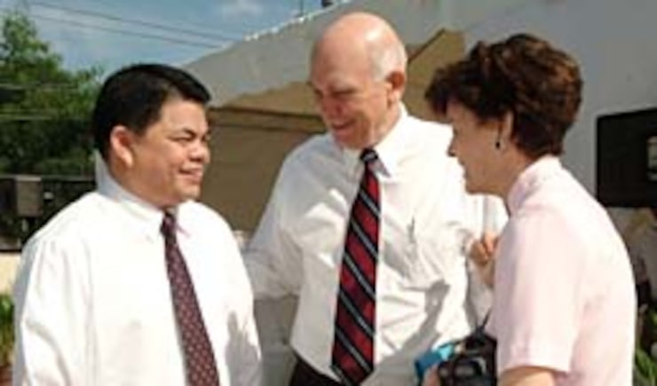 Elder Dallin H. Oaks and Sister Kristen Oaks visit with President Kim Anternorcruz of the Fairview Philippines Stake on occasion of satellite conference.