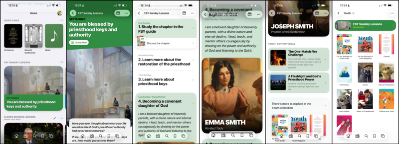 Des captures d'écran superposées montrent la vignette « Leçons du dimanche de FSY » sur l'écran d'accueil de l'application Médiathèque de l'Évangile, puis ce à quoi ressemblent ces leçons dans l'application, en plus de la documentation complémentaire du magazine pour les jeunes à partir de septembre 2026.