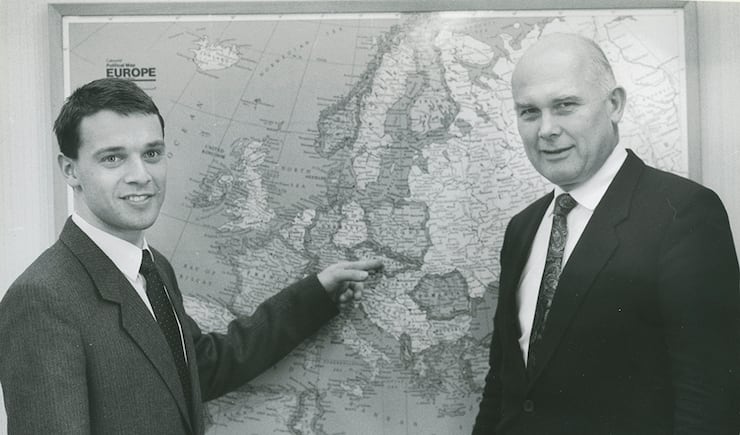 Elder Dallin H. Oaks discusses progress of Church in Czechoslovakia with Elder Martin Pilka, Czechoslovakia's first missionary in recent times. March 16, 1991.