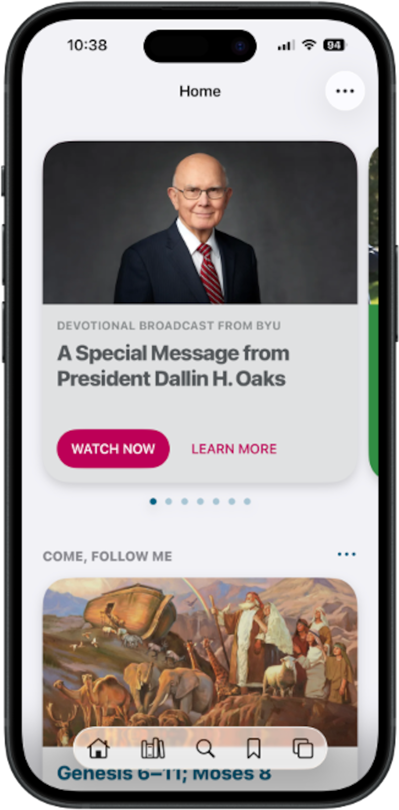 Une capture d'écran de l'application Médiathèque de l'Évangile montre un message du président Dallin H. Oaks et la leçon de « Viens et suis-moi ».