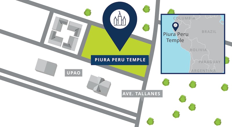 Un plan du site pour le temple de Piura (Pérou), montrant les routes à proximité.
