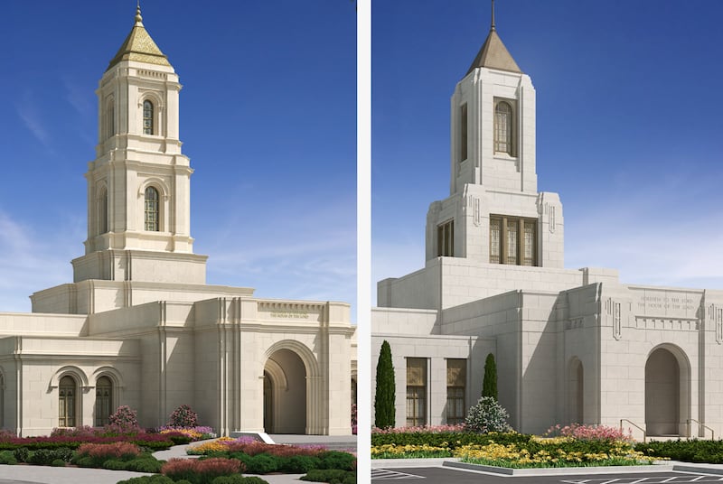 Images de synthese du temple de Cody, au Wyoming, a gauche, et du temple de Wichita, au Kansas, a droite.