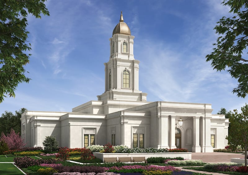 Un dessin de l'exterieur du temple de Huntsville, en Alabama, un batiment d'un etage avec une tour a plusieurs niveaux et une coupole.