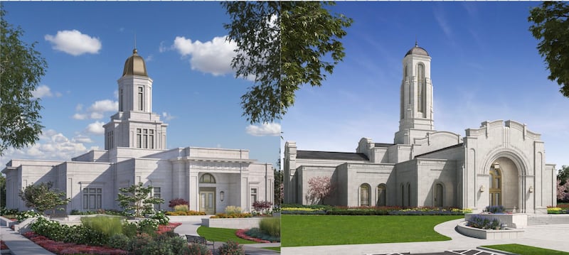 Images de synthese du temple de Knoxville (Tennessee), a gauche, et du temple de Modesto (Californie).