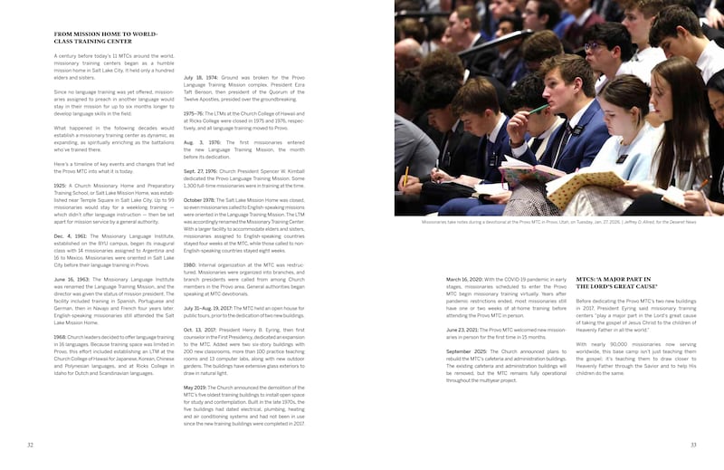 Les pages 32 et 33 du magazine « L'œuvre missionnaire dans L'Église de Jésus-Christ des Saints des Derniers Jours » publié en septembre 2026 contiennent un article sur l'histoire du centre de formation des missionnaires de Provo.