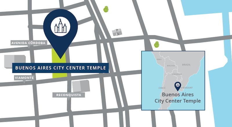 Carte de localisation du temple de Buenos Aires, Argentine, centre-ville.