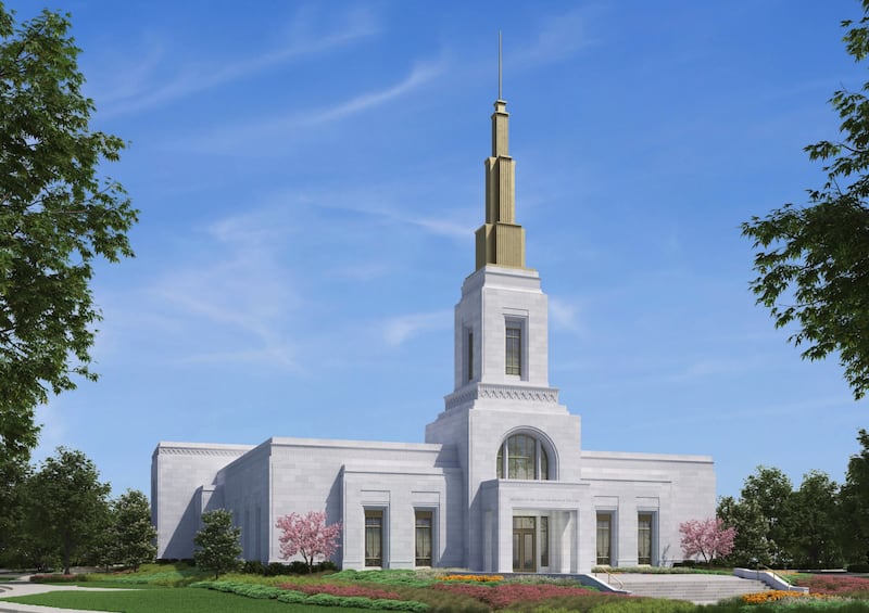 Une représentation de l’extérieur du temple de Colorado Springs (Colorado), un bâtiment d’un seul étage avec une tour et une flèche centrales.