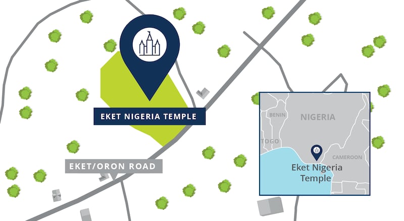 Carte montrant le futur emplacement du temple d'Eket (Nigeria), avec les routes environnantes.