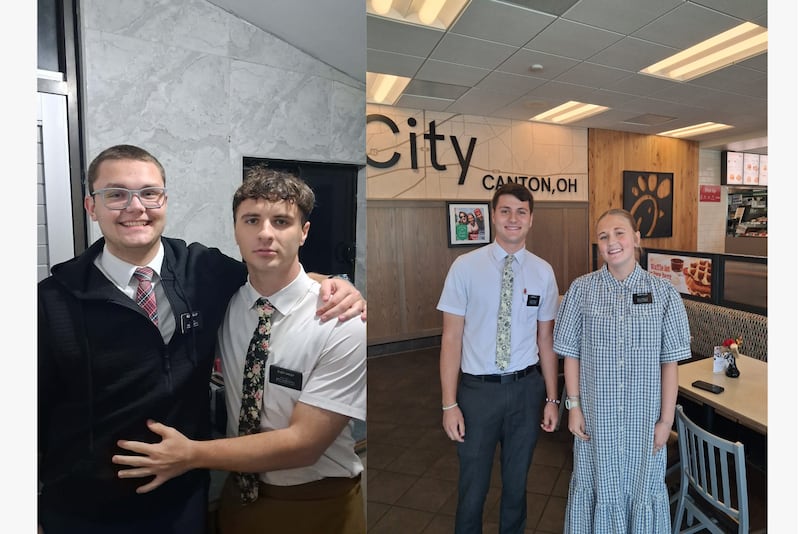 Deux photos de deux paires de frères et sœurs accomplissant leur mission aux Fidji et dans l'Ohio.