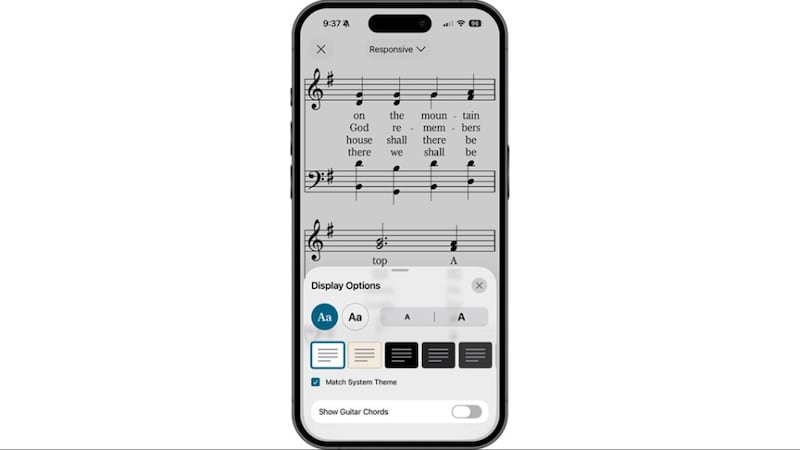 Image de l'option de notation des accords de guitare sur l'application Médiathèque de l'Évangile